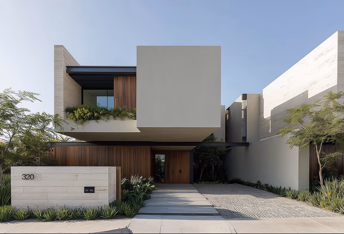 Modern two-story house with a beige facade, wooden vertical slats, a planter on the balcony, and a driveway with greenery along the edges.